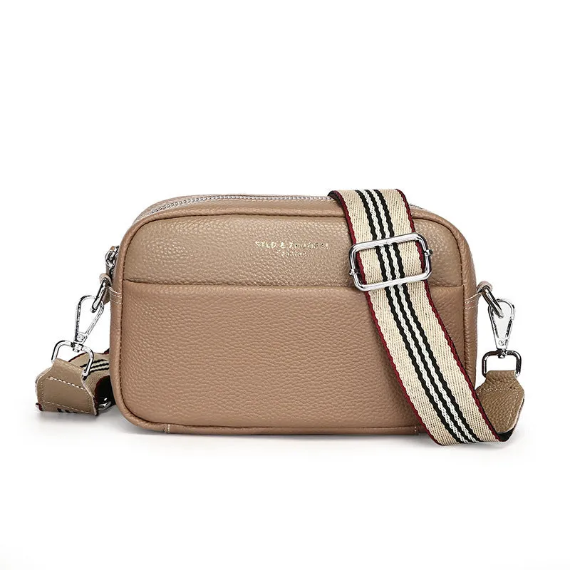 Genuine leather small square shoulder messenger bag in black with adjustable strap and top layer cowhide finish