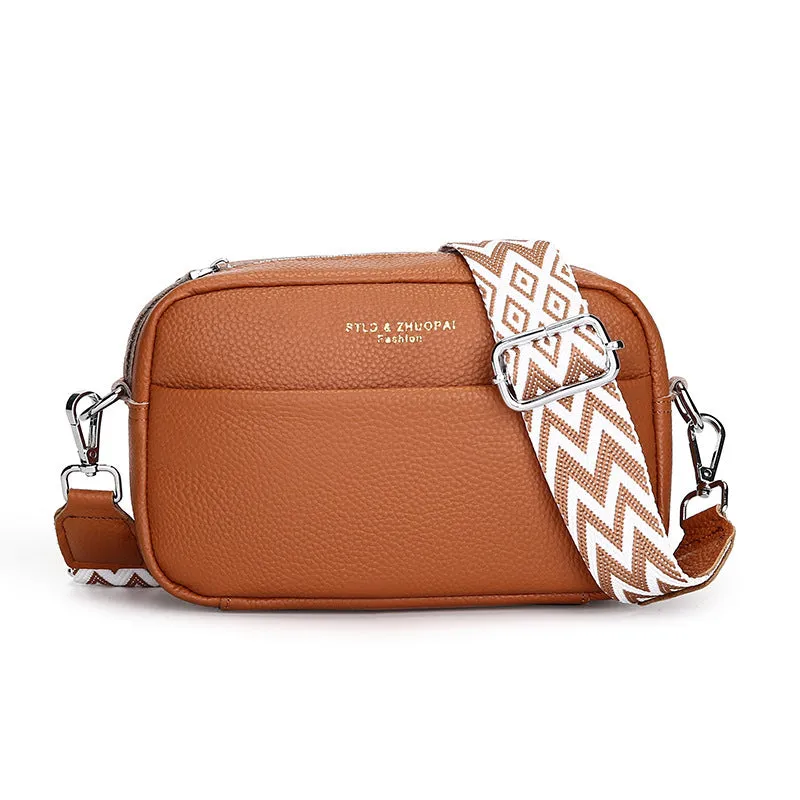 Genuine leather small square shoulder messenger bag in black with adjustable strap and top layer cowhide finish
