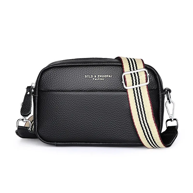 Genuine leather small square shoulder messenger bag in black with adjustable strap and top layer cowhide finish