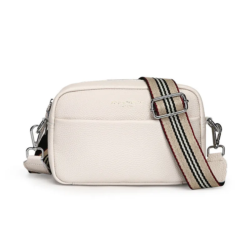 Genuine leather small square shoulder messenger bag in black with adjustable strap and top layer cowhide finish