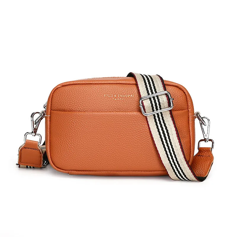 Genuine leather small square shoulder messenger bag in black with adjustable strap and top layer cowhide finish