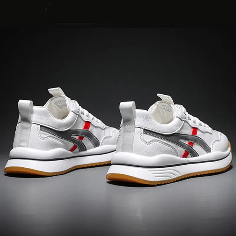 Men's white blue loafers with artificial leather upper, car stitching detail, and low heel