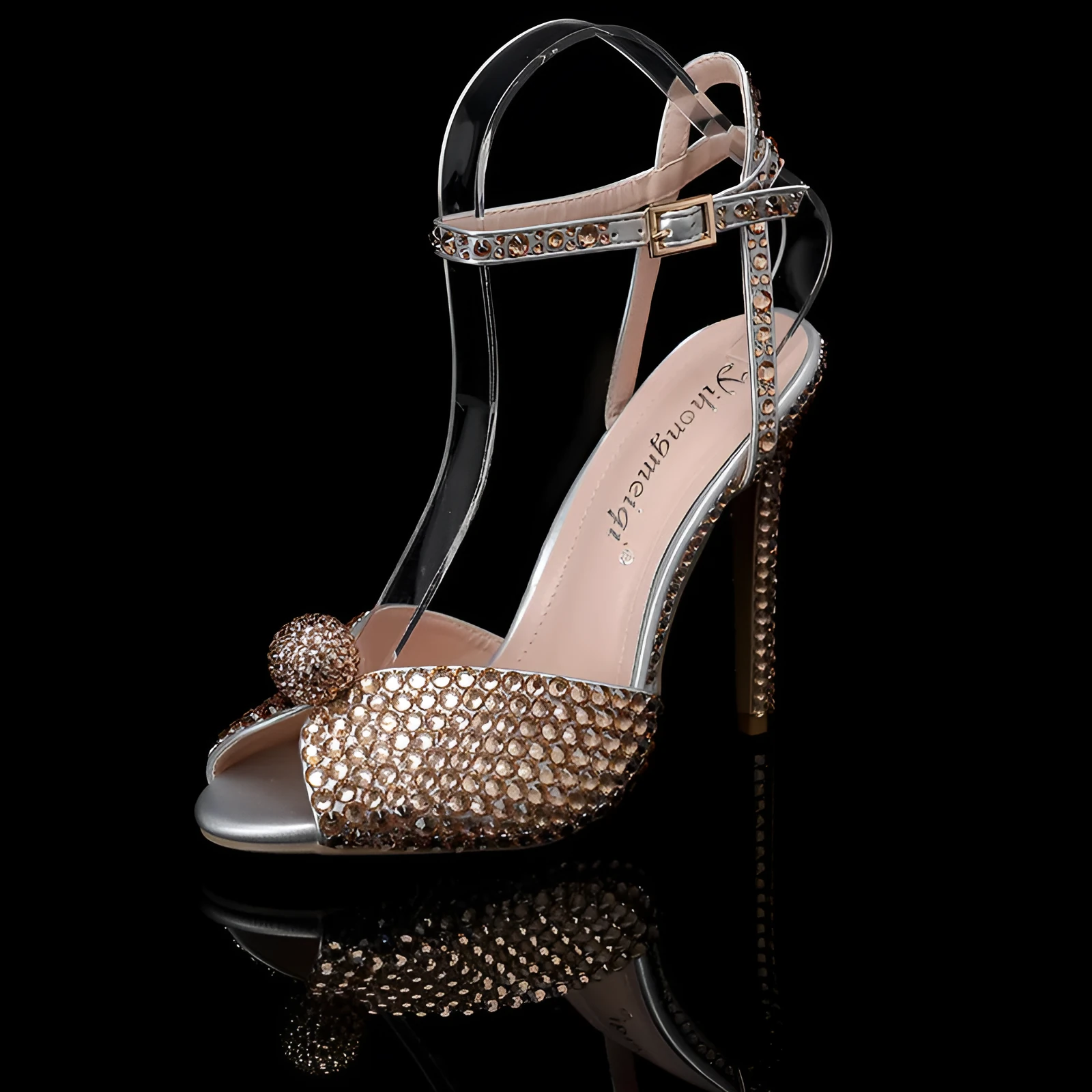 PU women's high heel stiletto pumps with rhinestone decoration, fish mouth toe, low top, and buckle closure in beige