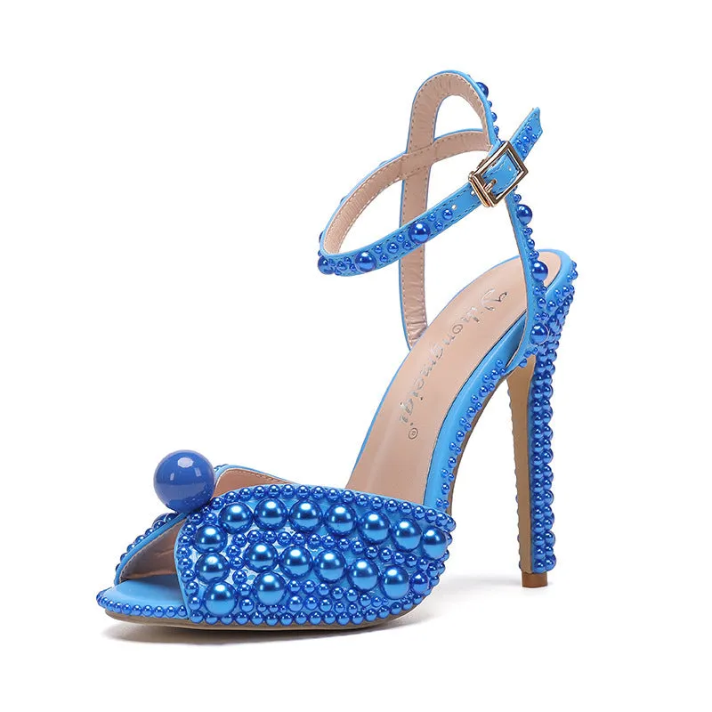PU women's high heel stiletto pumps with rhinestone decoration, fish mouth toe, low top, and buckle closure in beige
