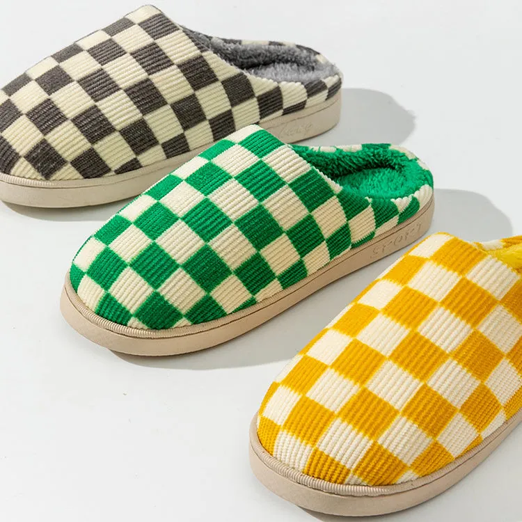 Gradient plush winter slippers for women with corduroy and arctic velvet upper, anti-skid PVC sole, round toe, flat heel, available in multiple colours