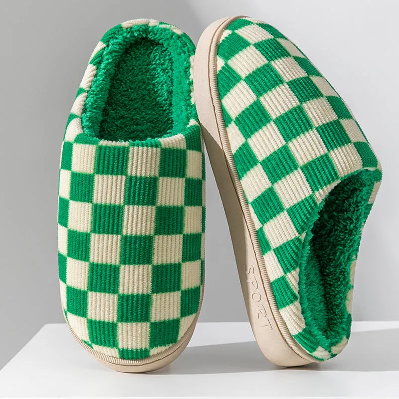 Gradient plush winter slippers for women with corduroy and arctic velvet upper, anti-skid PVC sole, round toe, flat heel, available in multiple colours