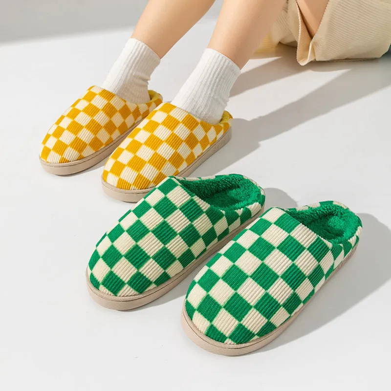 Gradient plush winter slippers for women with corduroy and arctic velvet upper, anti-skid PVC sole, round toe, flat heel, available in multiple colours