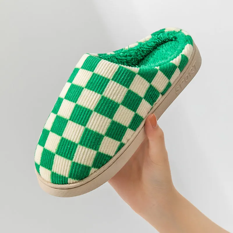 Gradient plush winter slippers for women with corduroy and arctic velvet upper, anti-skid PVC sole, round toe, flat heel, available in multiple colours