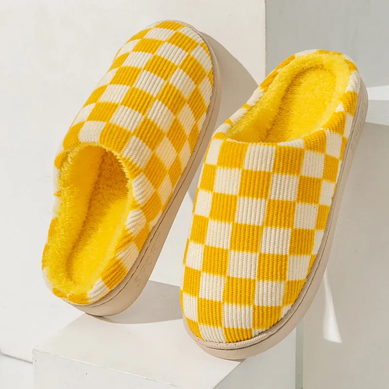 Gradient plush winter slippers for women with corduroy and arctic velvet upper, anti-skid PVC sole, round toe, flat heel, available in multiple colours