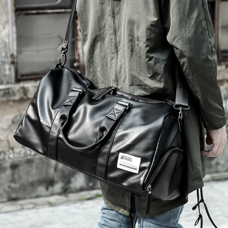 Trend black portable travel bag with detachable shoulder strap and zipper closure, 48cm wide