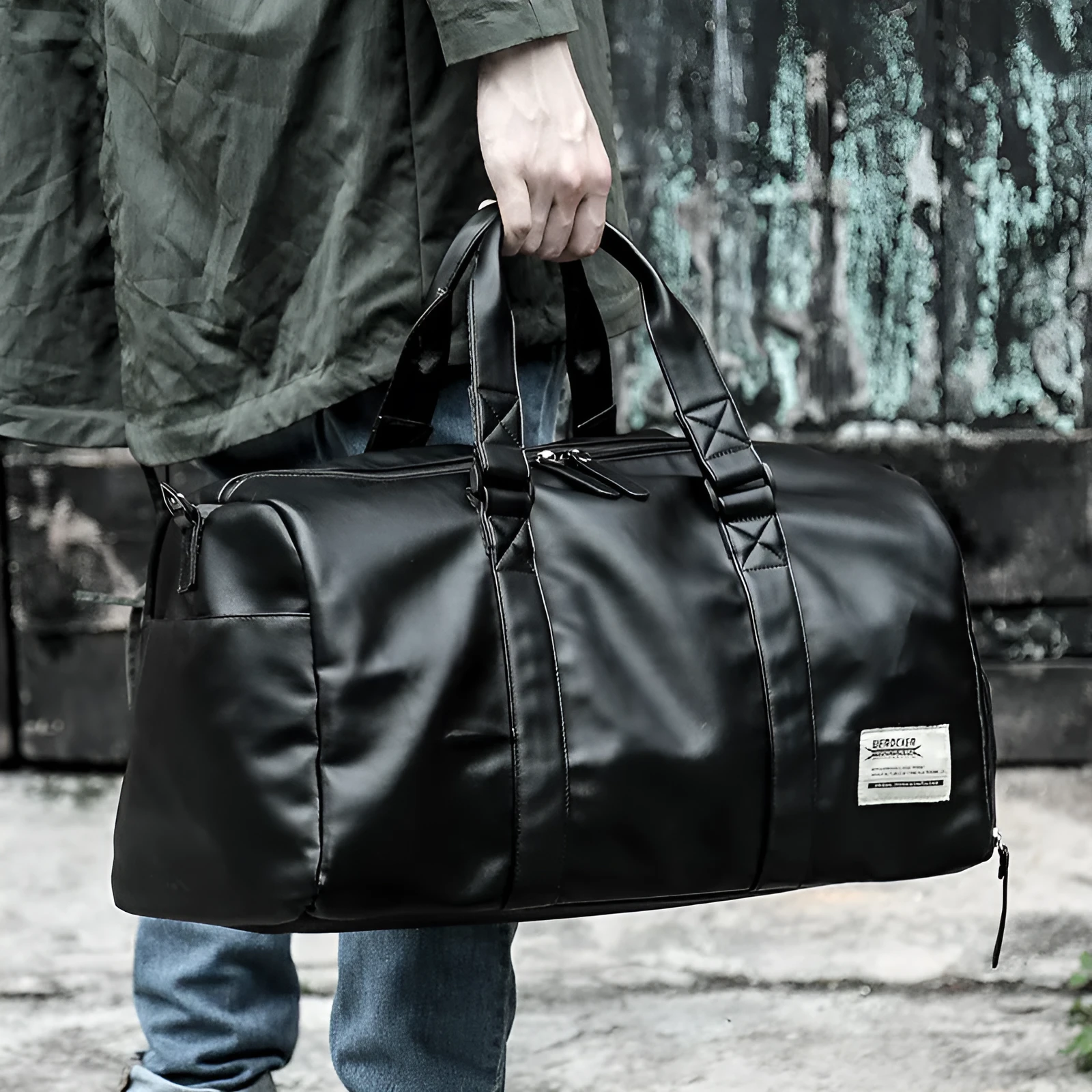 Trend black portable travel bag with detachable shoulder strap and zipper closure, 48cm wide