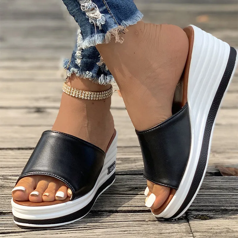 Women's fish mouth wedges sandals with hollow design high heel, PU upper, rubber sole, in black/white