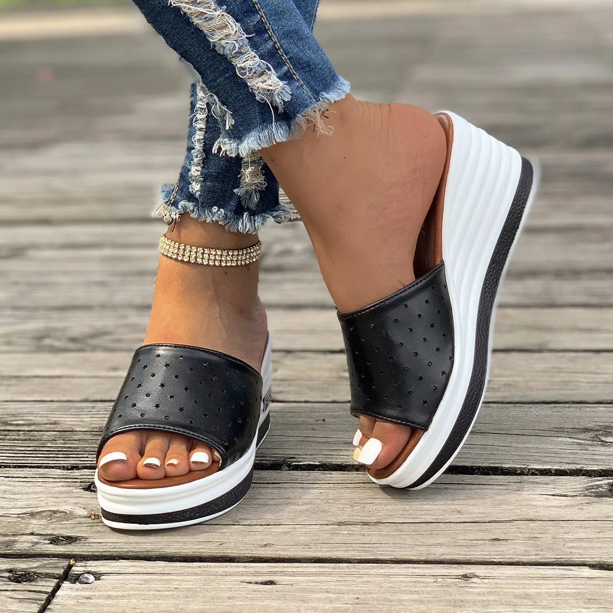 Women's fish mouth wedges sandals with hollow design high heel, PU upper, rubber sole, in black/white