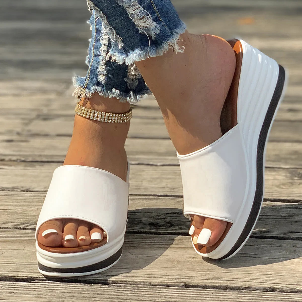 Women's fish mouth wedges sandals with hollow design high heel, PU upper, rubber sole, in black/white