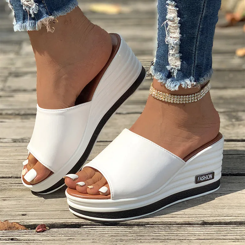 Women's fish mouth wedges sandals with hollow design high heel, PU upper, rubber sole, in black/white