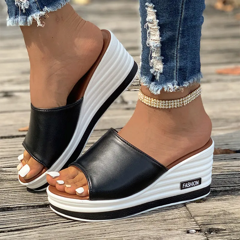 Women's fish mouth wedges sandals with hollow design high heel, PU upper, rubber sole, in black/white
