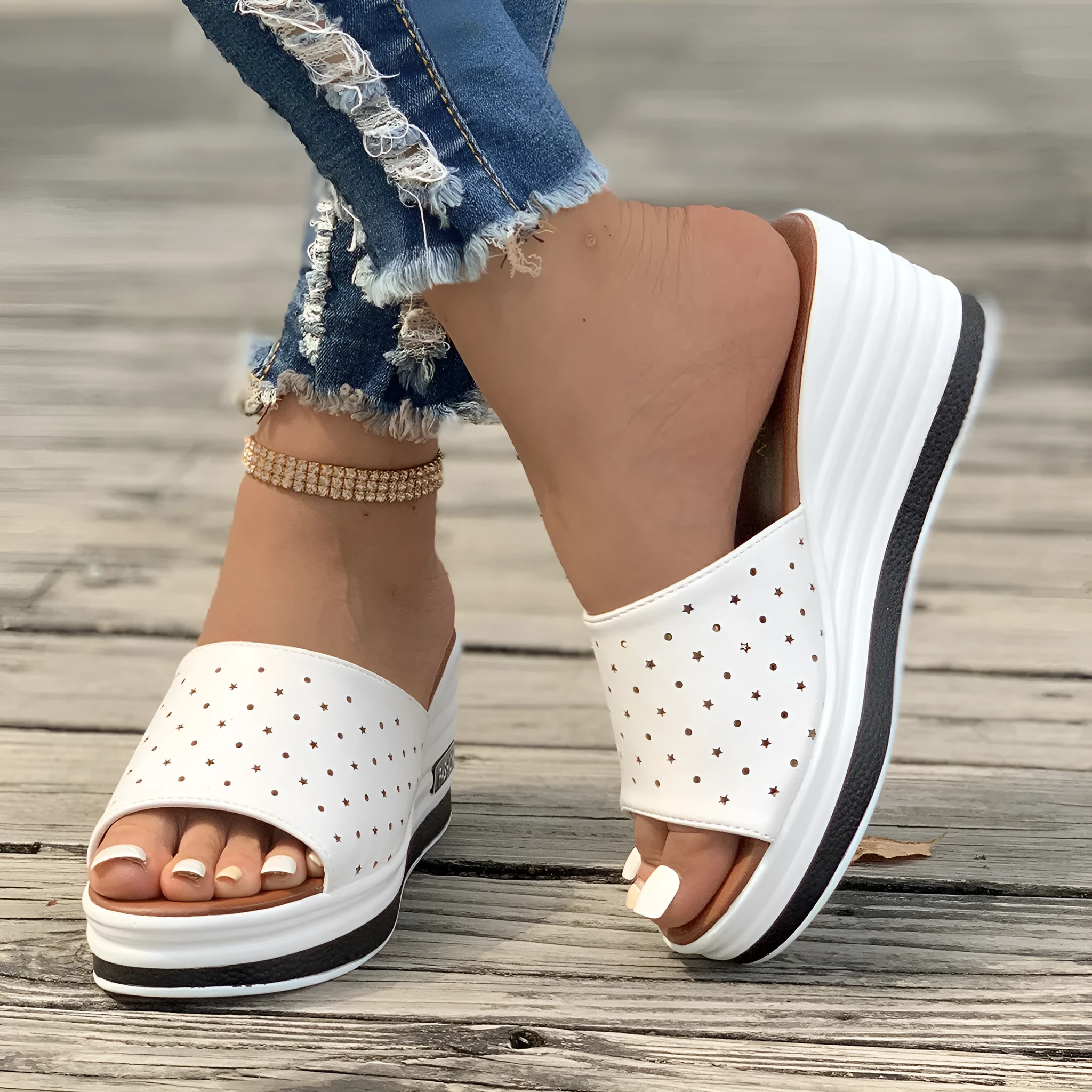 Women's fish mouth wedges sandals with hollow design high heel, PU upper, rubber sole, in black/white