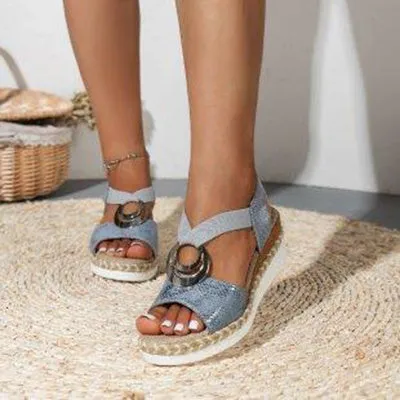 Women's peep toe serpentine wedge sandals, PU upper, in dark brown, shown on foot