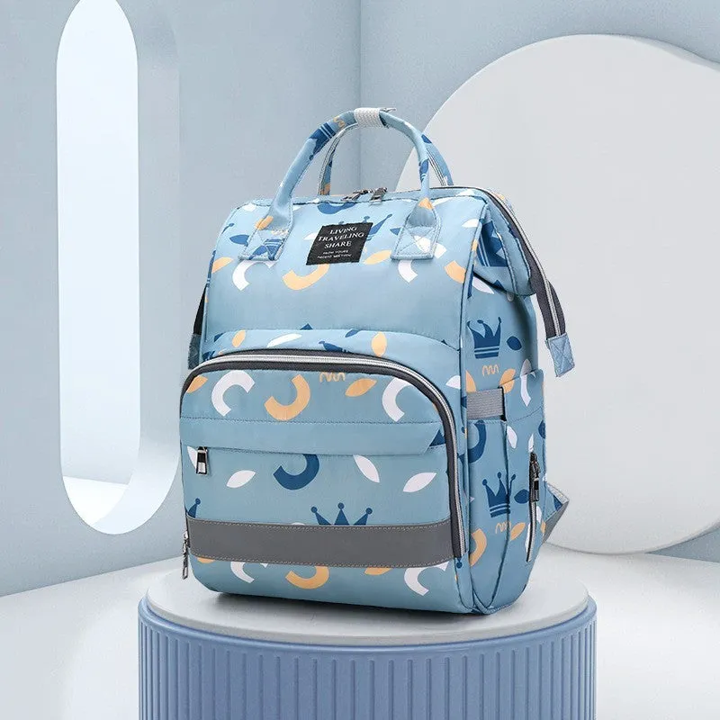 Mummy bag shoulder large capacity Oxford fabric geometric pattern, blue crown colour, double straps, 40x25x17cm