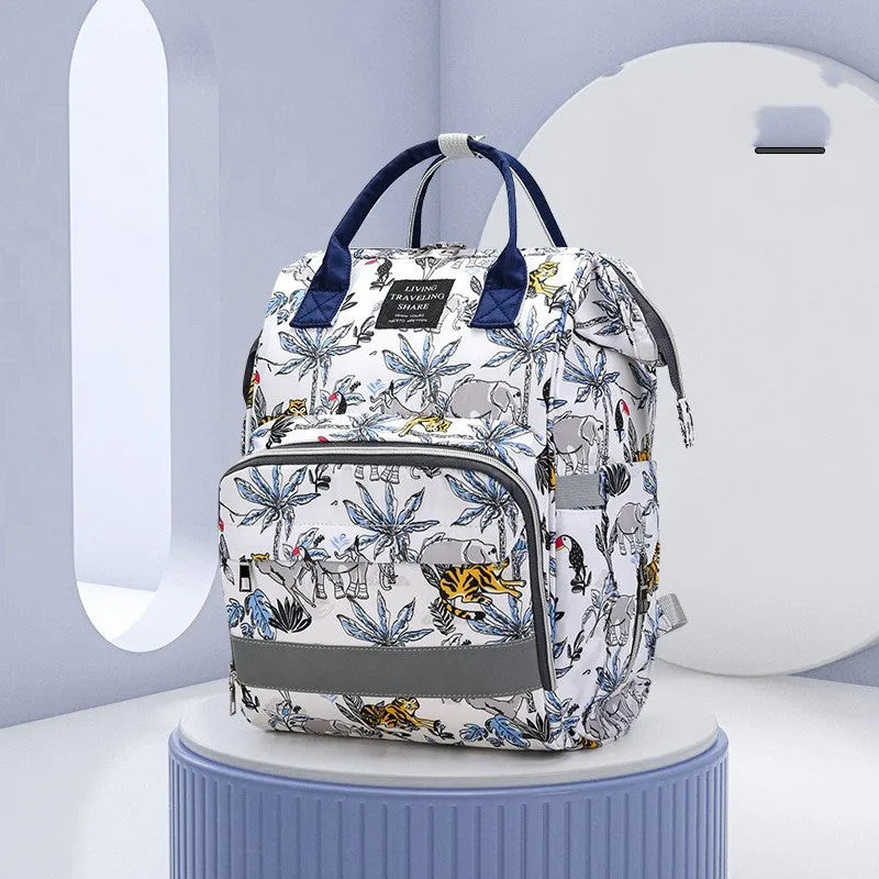 Mummy bag shoulder large capacity Oxford fabric geometric pattern, blue crown colour, double straps, 40x25x17cm