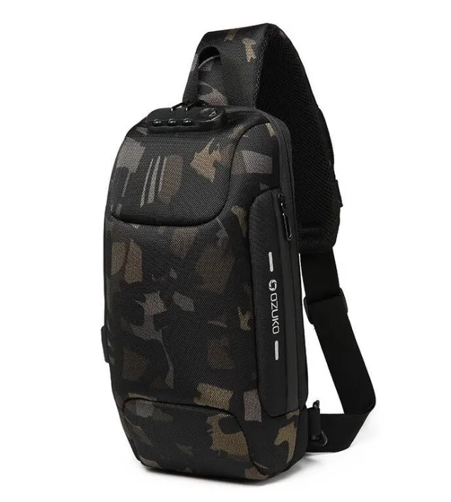 Multifunctional anti-theft waterproof shoulder bag in Oxford cloth, square section shape, available in multiple colours including black and dark blue.