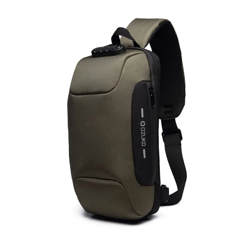 Multifunctional anti-theft waterproof shoulder bag in Oxford cloth, square section shape, available in multiple colours including black and dark blue.