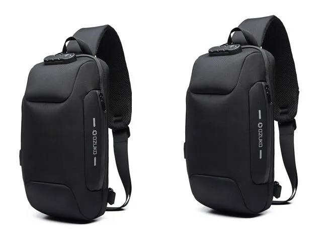 Multifunctional anti-theft waterproof shoulder bag in Oxford cloth, square section shape, available in multiple colours including black and dark blue.