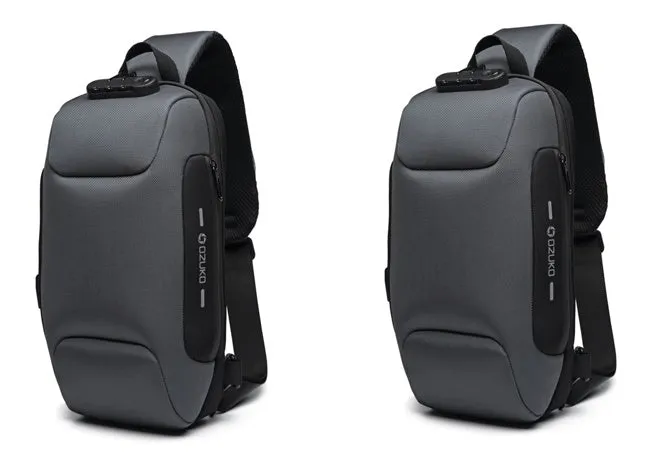 Multifunctional anti-theft waterproof shoulder bag in Oxford cloth, square section shape, available in multiple colours including black and dark blue.