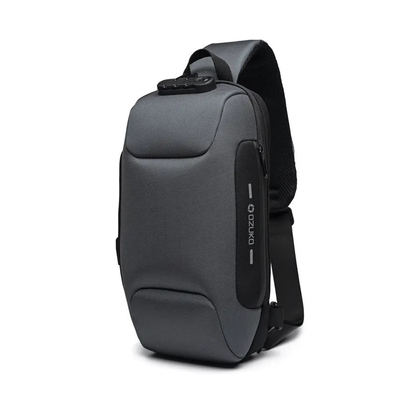 Multifunctional anti-theft waterproof shoulder bag in Oxford cloth, square section shape, available in multiple colours including black and dark blue.