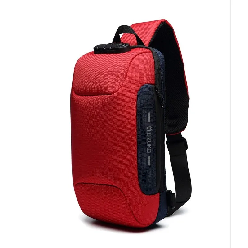 Multifunctional anti-theft waterproof shoulder bag in Oxford cloth, square section shape, available in multiple colours including black and dark blue.