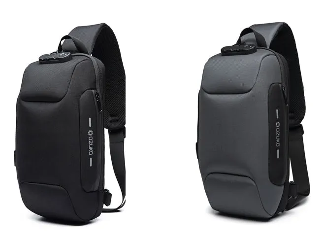 Multifunctional anti-theft waterproof shoulder bag in Oxford cloth, square section shape, available in multiple colours including black and dark blue.