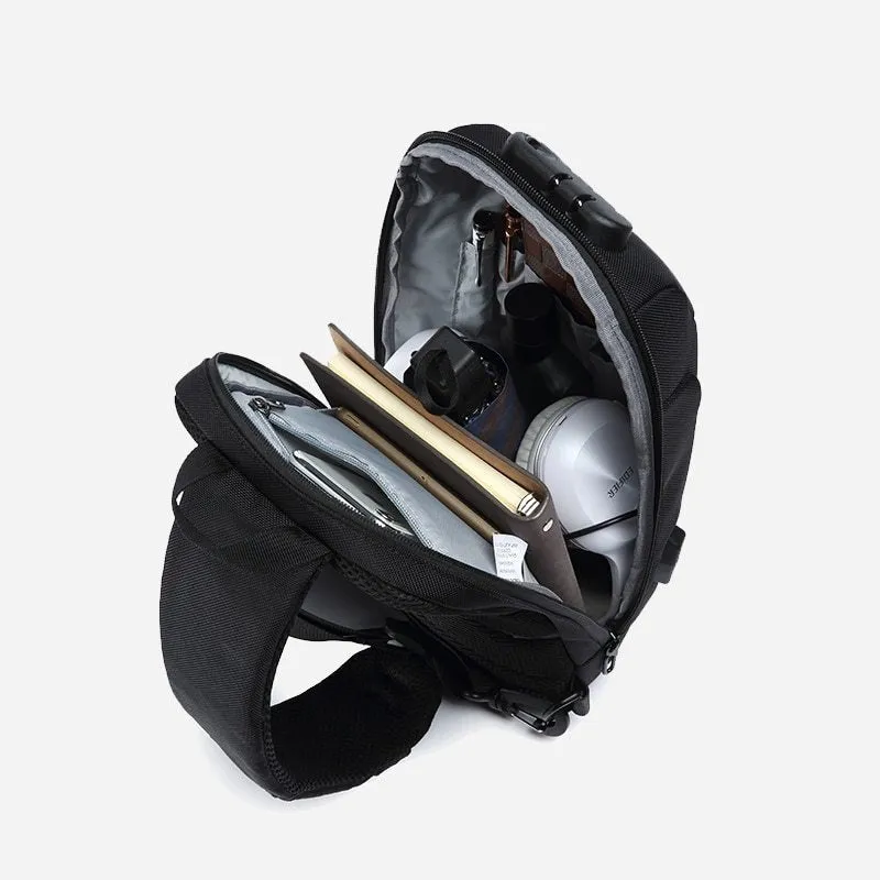 Multifunctional anti-theft waterproof shoulder bag in Oxford cloth, square section shape, available in multiple colours including black and dark blue.