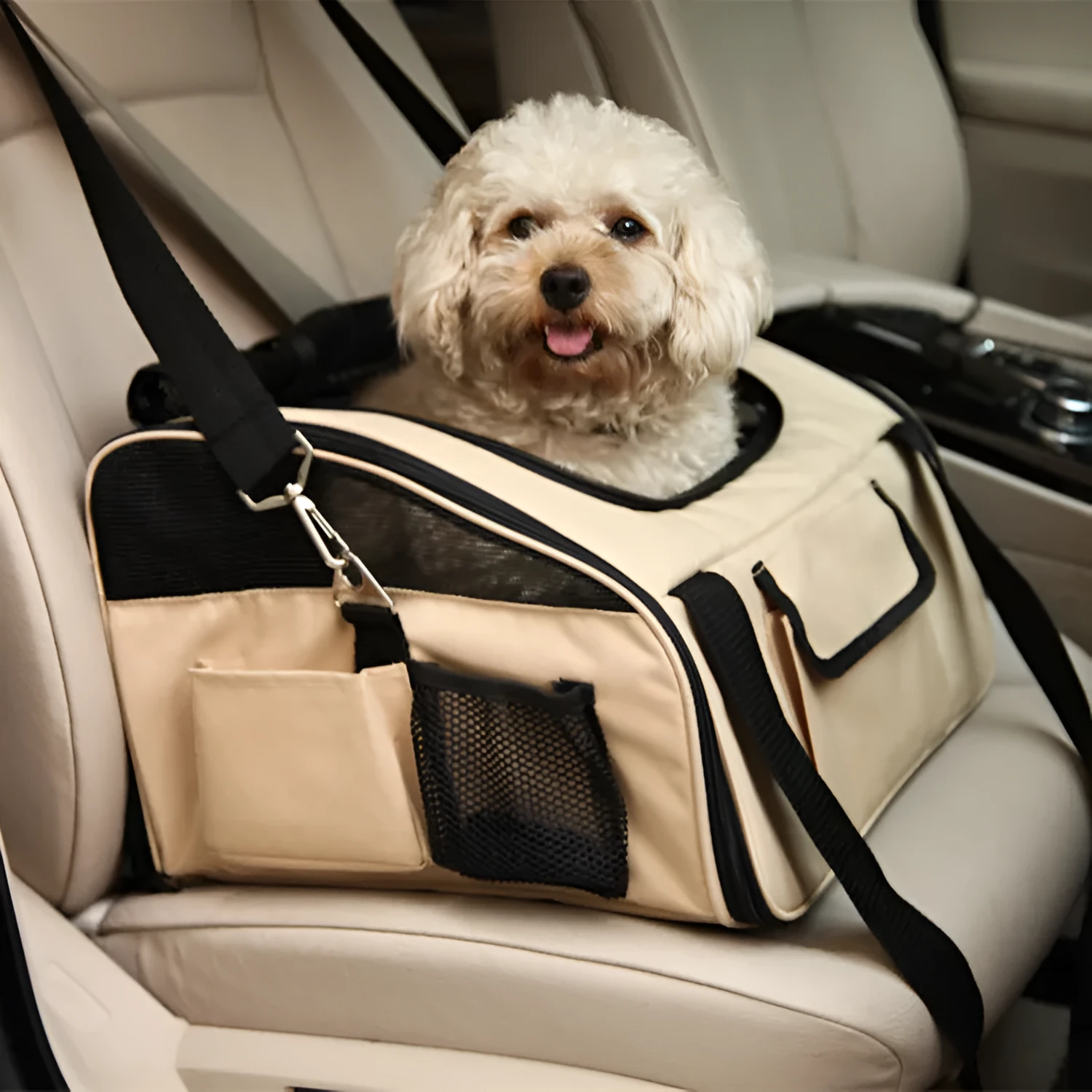 Pet car seat bag in quilted fabric with breathable mesh, folded size 44x39 cm, expanded 43x38x26 cm, black
