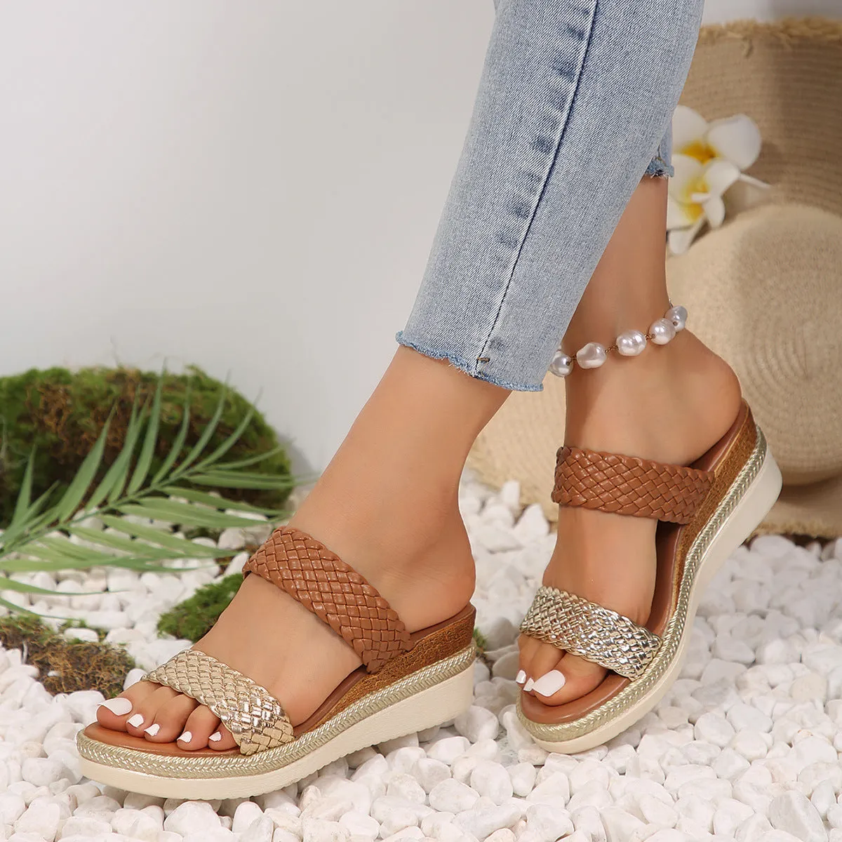 Women's gold wedge sandals showing PU upper and rubber sole in UK size 39