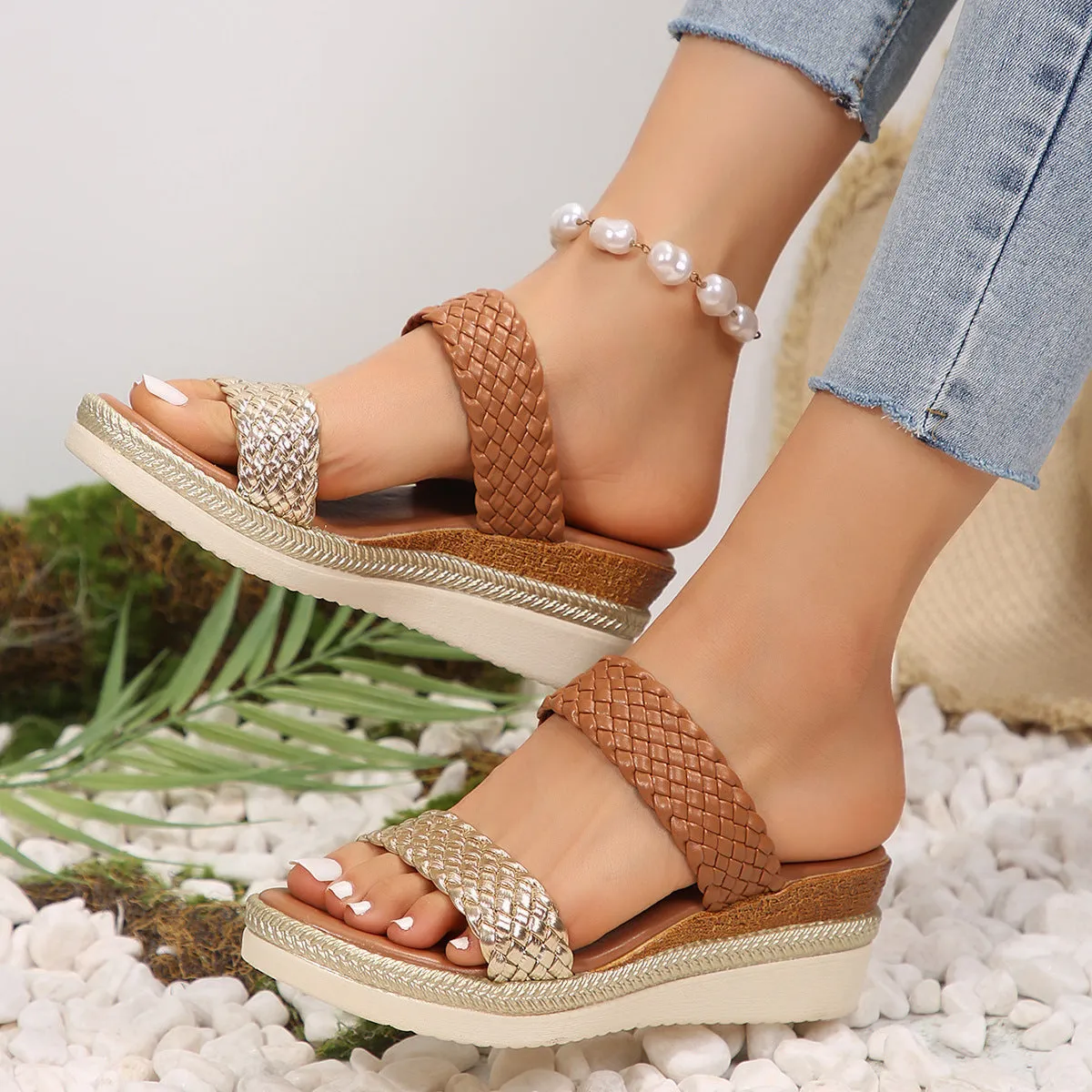 Women's gold wedge sandals showing PU upper and rubber sole in UK size 39