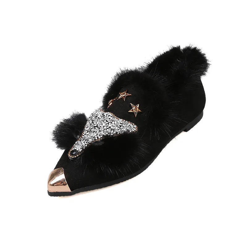 Women's suede fur shoes with rabbit hair lining, pointed toe, flat heel, black and gray colours