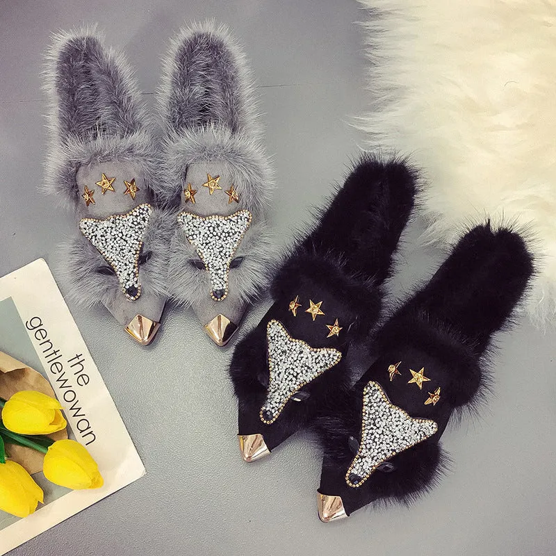 Women's suede fur shoes with rabbit hair lining, pointed toe, flat heel, black and gray colours
