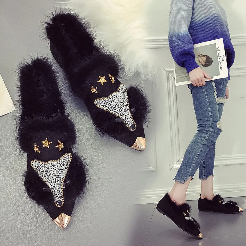 Women's suede fur shoes with rabbit hair lining, pointed toe, flat heel, black and gray colours