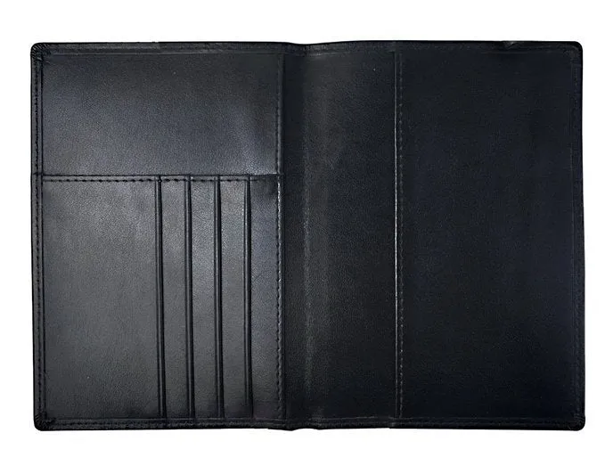 Black RFID antimagnetic passport holder made of genuine leather, open showing card slots and passport slot, 15cm long.