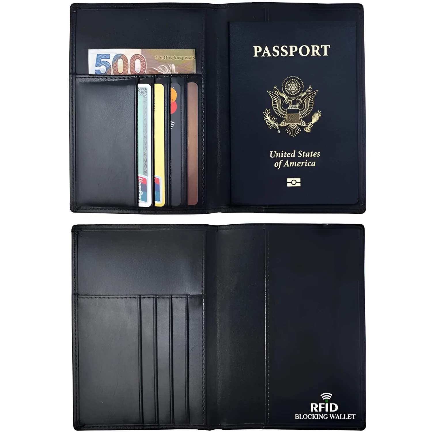 Black RFID antimagnetic passport holder made of genuine leather, open showing card slots and passport slot, 15cm long.