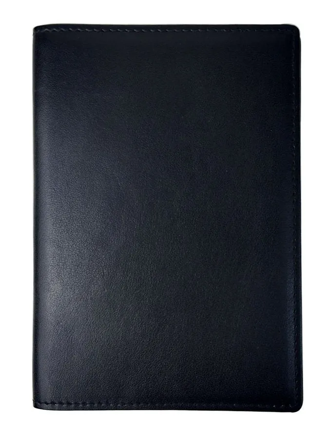 Black RFID antimagnetic passport holder made of genuine leather, open showing card slots and passport slot, 15cm long.