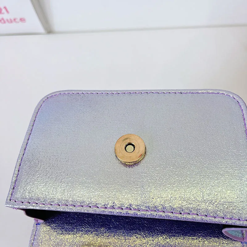 Children's small PU leather shoulder bag with letter print in rose red, showing zipper closure and multiple internal slots