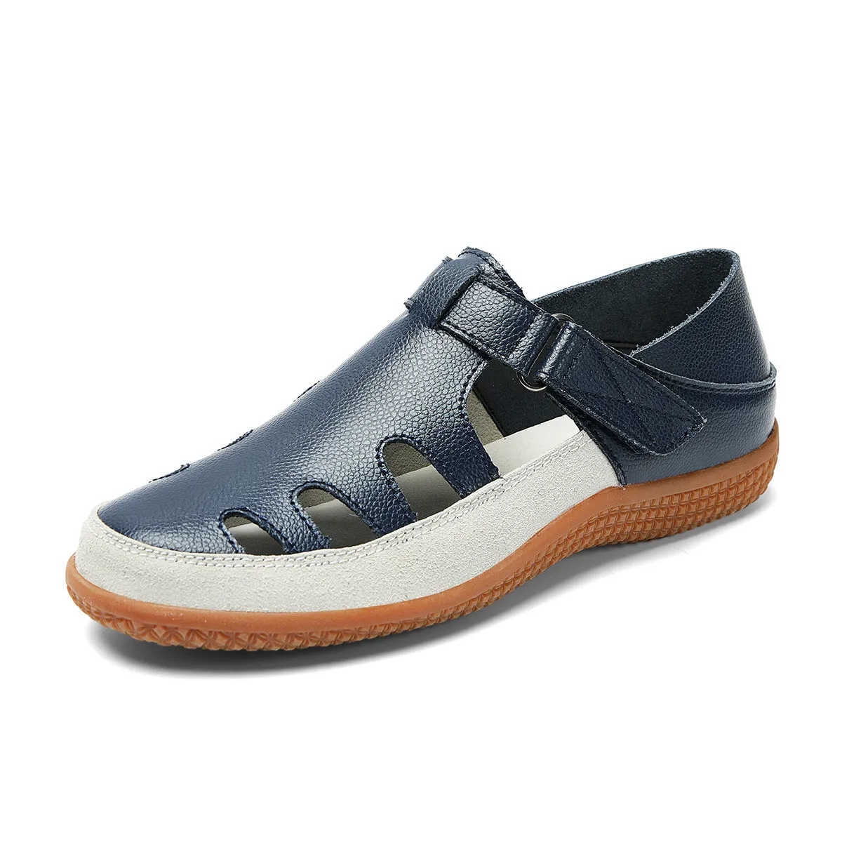 Women's plus size flat heel sandals with hollow breathable design and toe cap in blue colour