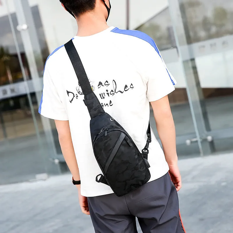 Men's camouflage crossbody chest bag with headphone hole in Camo Black