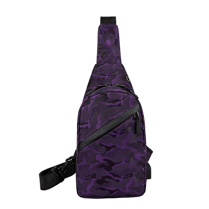 Men's camouflage crossbody chest bag with headphone hole in Camo Black