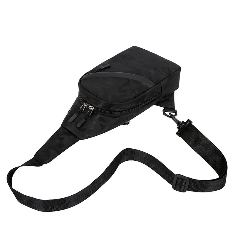 Men's camouflage crossbody chest bag with headphone hole in Camo Black