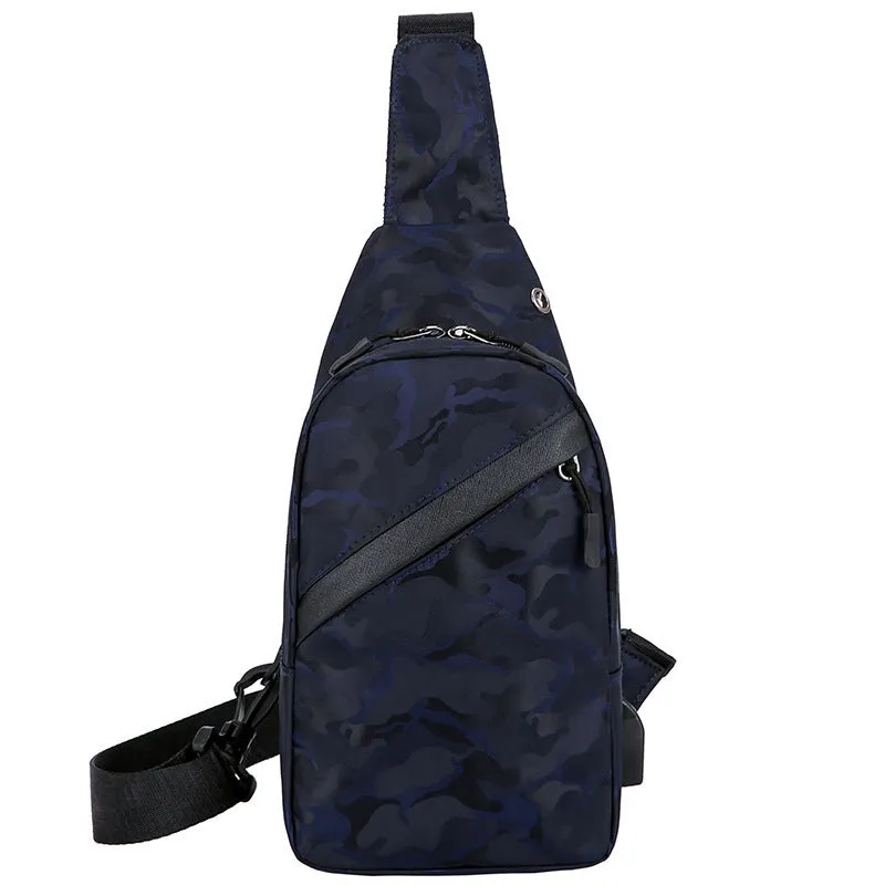 Men's camouflage crossbody chest bag with headphone hole in Camo Black