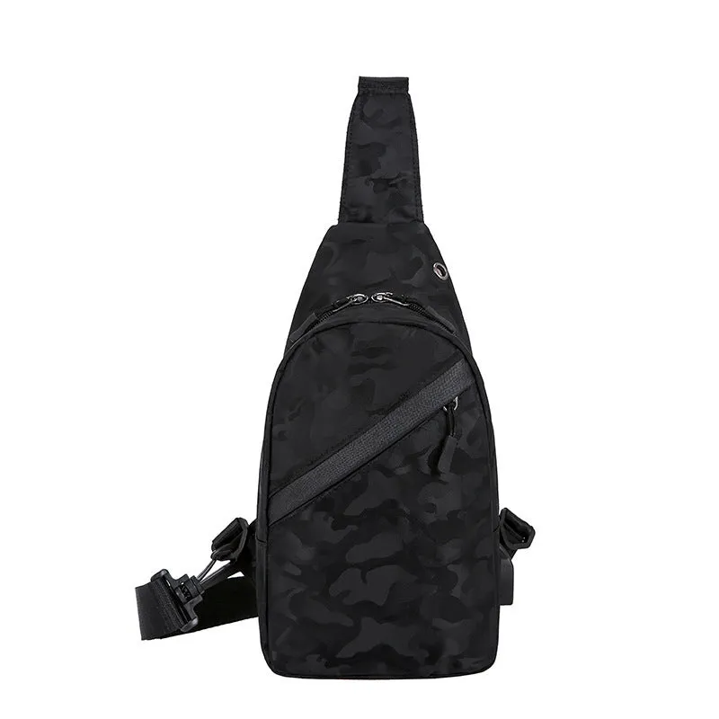 Men's camouflage crossbody chest bag with headphone hole in Camo Black