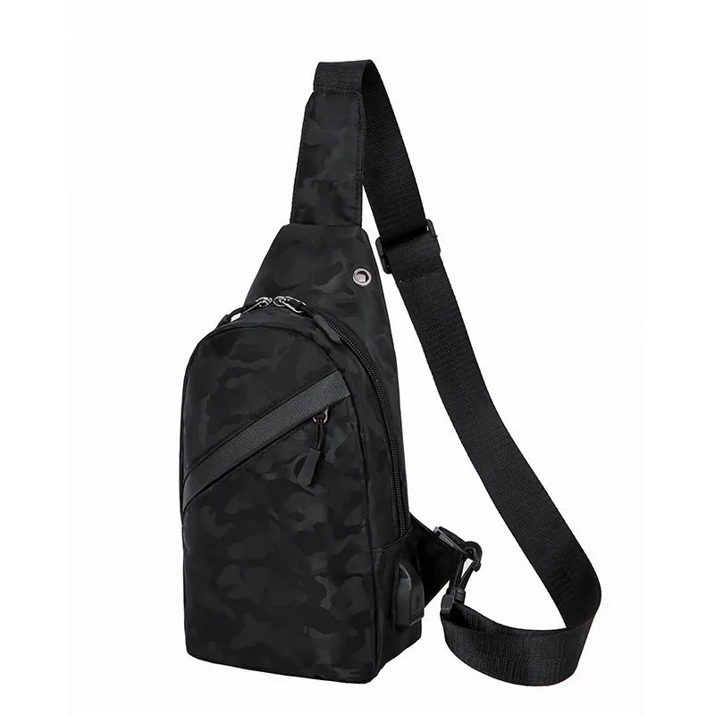 Men's camouflage crossbody chest bag with headphone hole in Camo Black