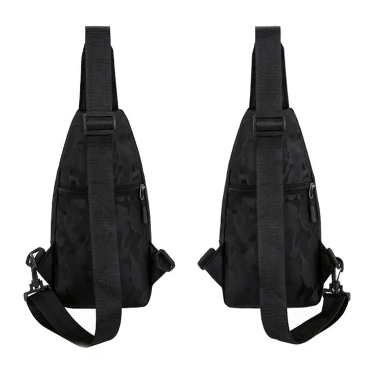 Men's camouflage crossbody chest bag with headphone hole in Camo Black